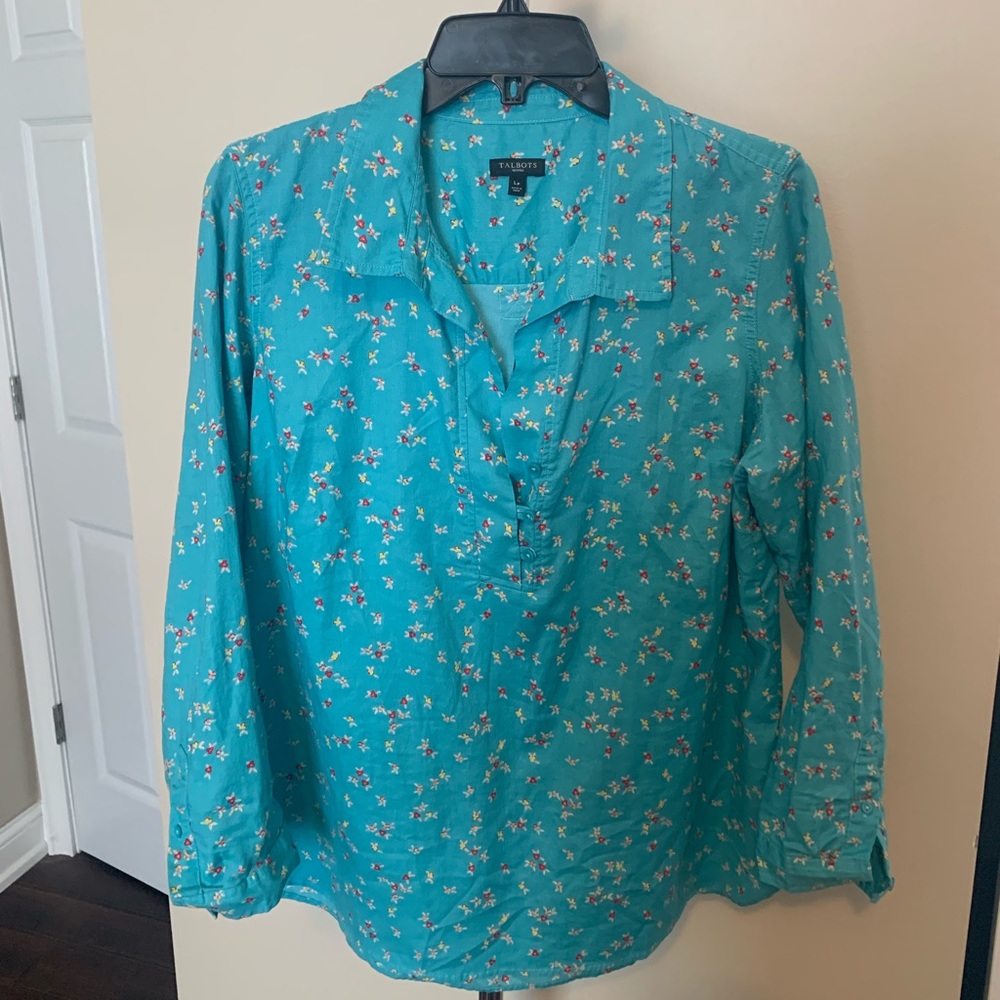 Talbots Blue Floral Pullover Top Blouse
